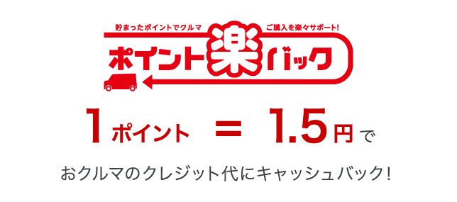 貯まったポイントで車ご購入を楽々サポート「ポイント楽バック」 1ポイント=1.5円でおクルマのクレジット代にキャッシュバック!